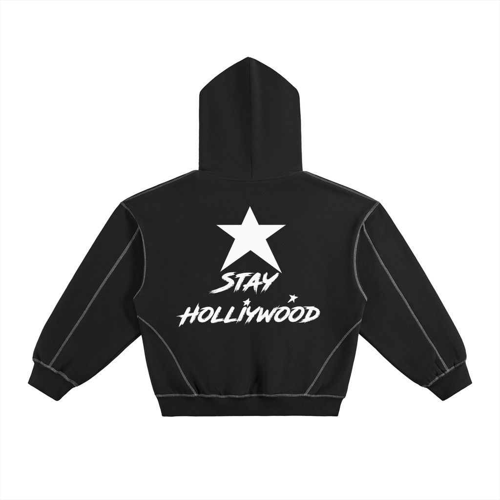 Contrast-Stitched Boxy Fleece Hoodie