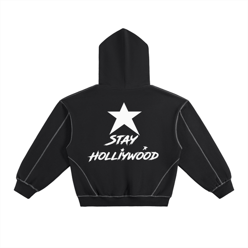 Contrast-Stitched Boxy Fleece Hoodie
